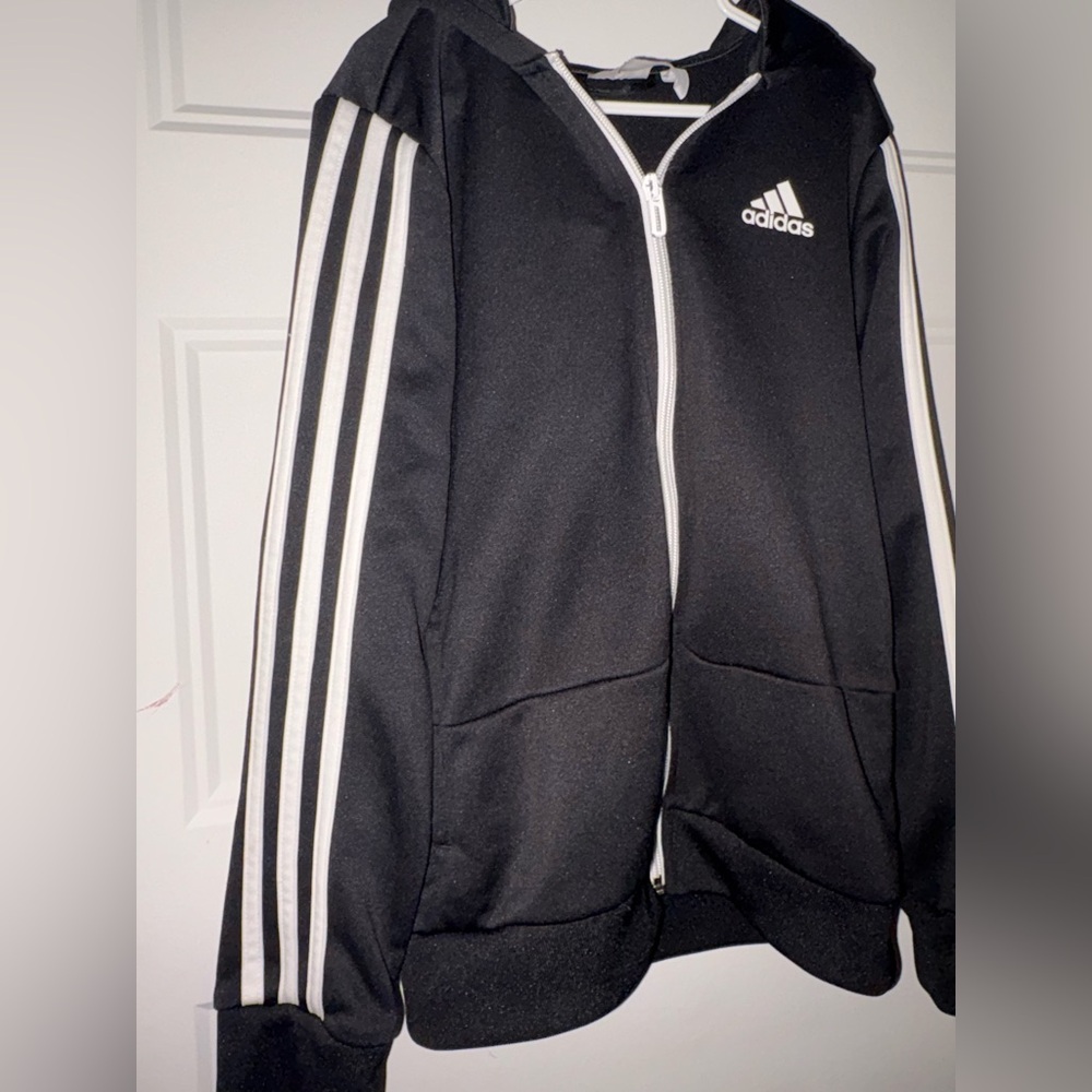 Eaux Adidas Black Hooded Jacket with White Stripes for kids Size Small 9-10y